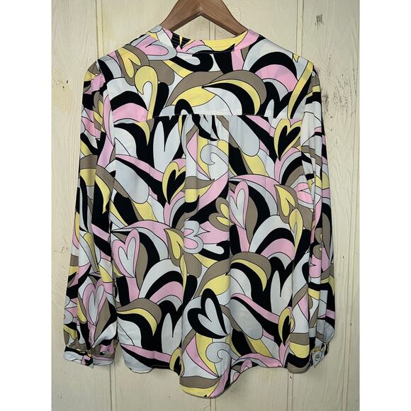 Belle Kim Gravel Top Blouse Medium Heart Print Retro Mod Button Shirt V-Neck New - Picture 7 of 10